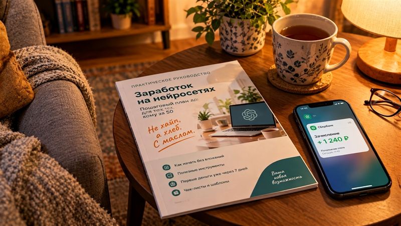 Распечатанный PDF-гайд на столе рядом с телефоном с уведомлением об оплате