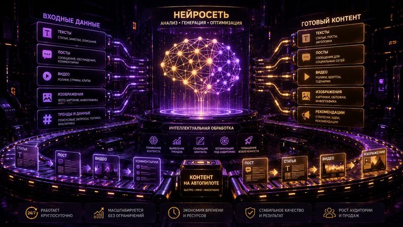 ИИ-контент-завод: схема нейросети с конвейером