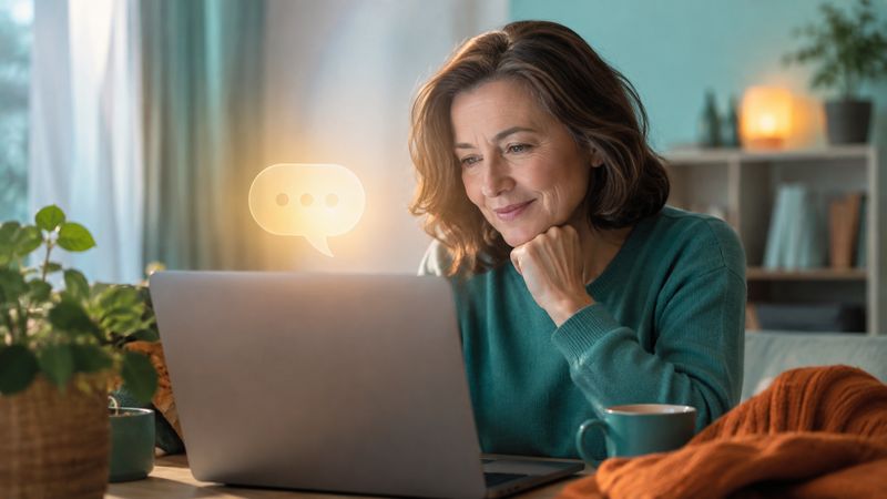 Женщина за ноутбуком читает ответ ChatGPT