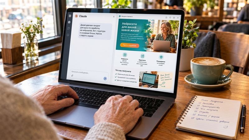 Ноутбук на столике в кафе с интерфейсом Claude Design - чат слева, макет лендинга справа