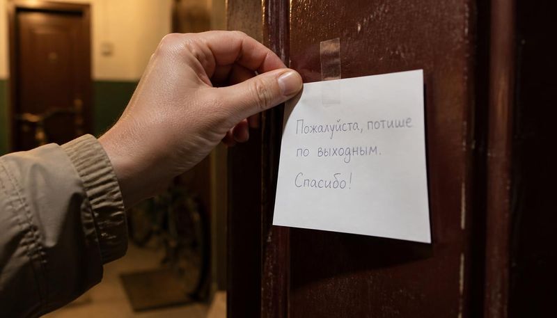 Рука приклеивает скотчем к двери записку с рукописным текстом