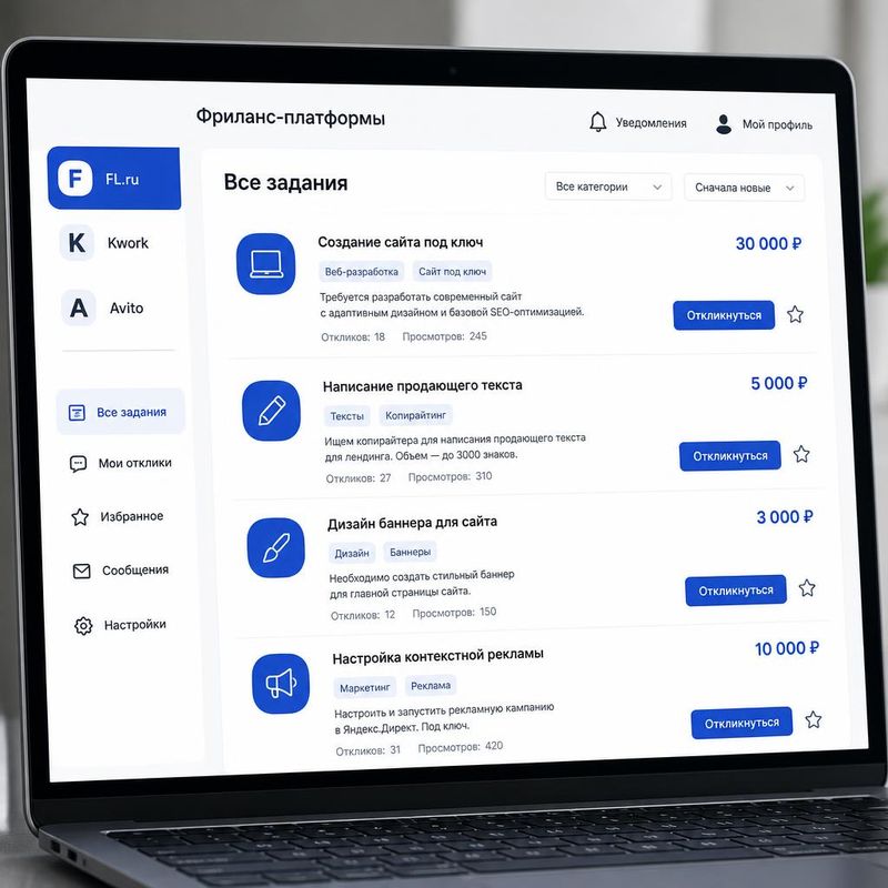 Фриланс-платформы FL.ru, Kwork, Авито