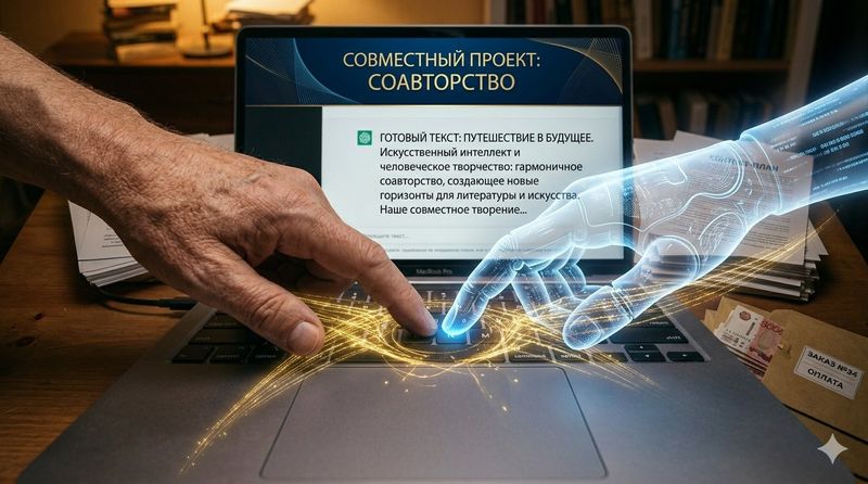 Рука человека и рука ИИ вместе нажимают на клавишу