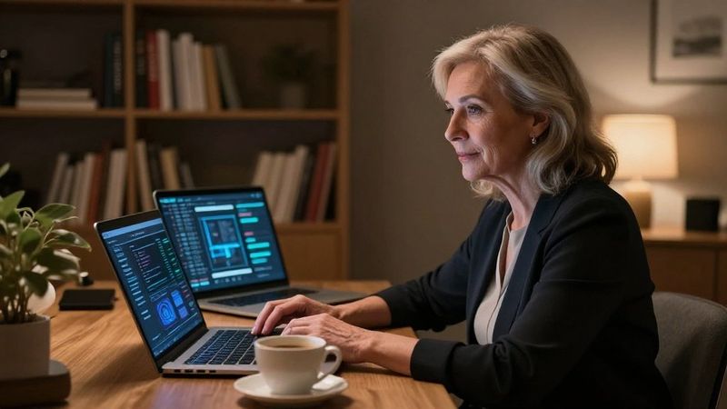 Женщина за ноутбуком с нейросетью