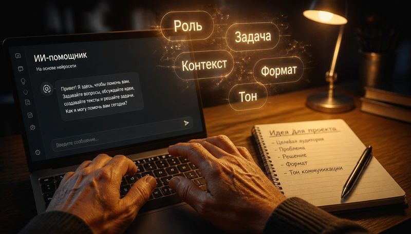 Руки над клавиатурой и пять элементов промпта
