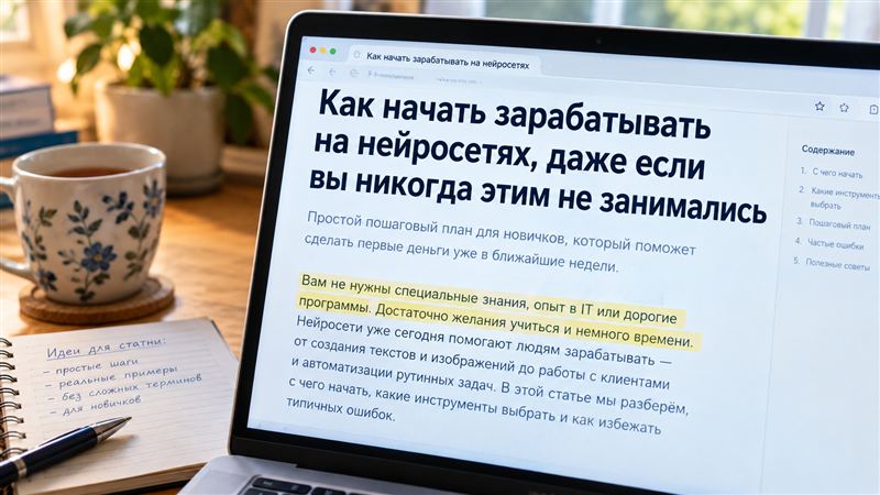 Крупным планом заголовок статьи на экране и рядом текст, который подтверждает обещание из заголовка